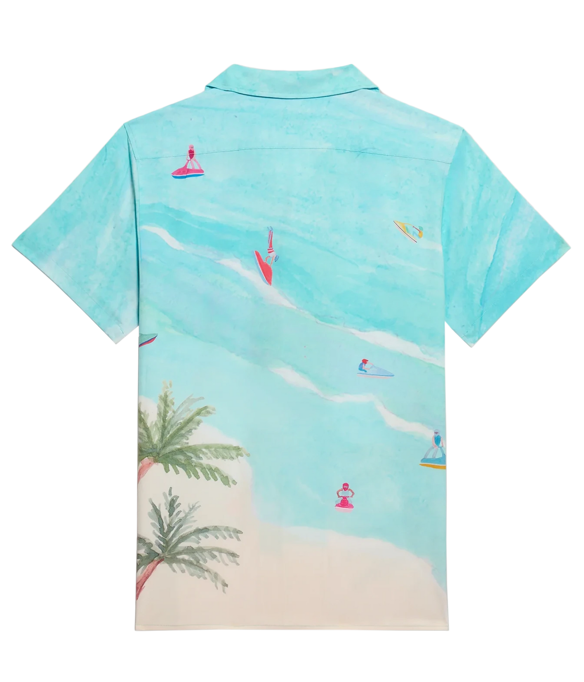 A short-sleeve camp collar shirt shown from the back, featuring a watercolor-style beach print in turquoise and light blue with palm trees, sand, and small surfers on the water.