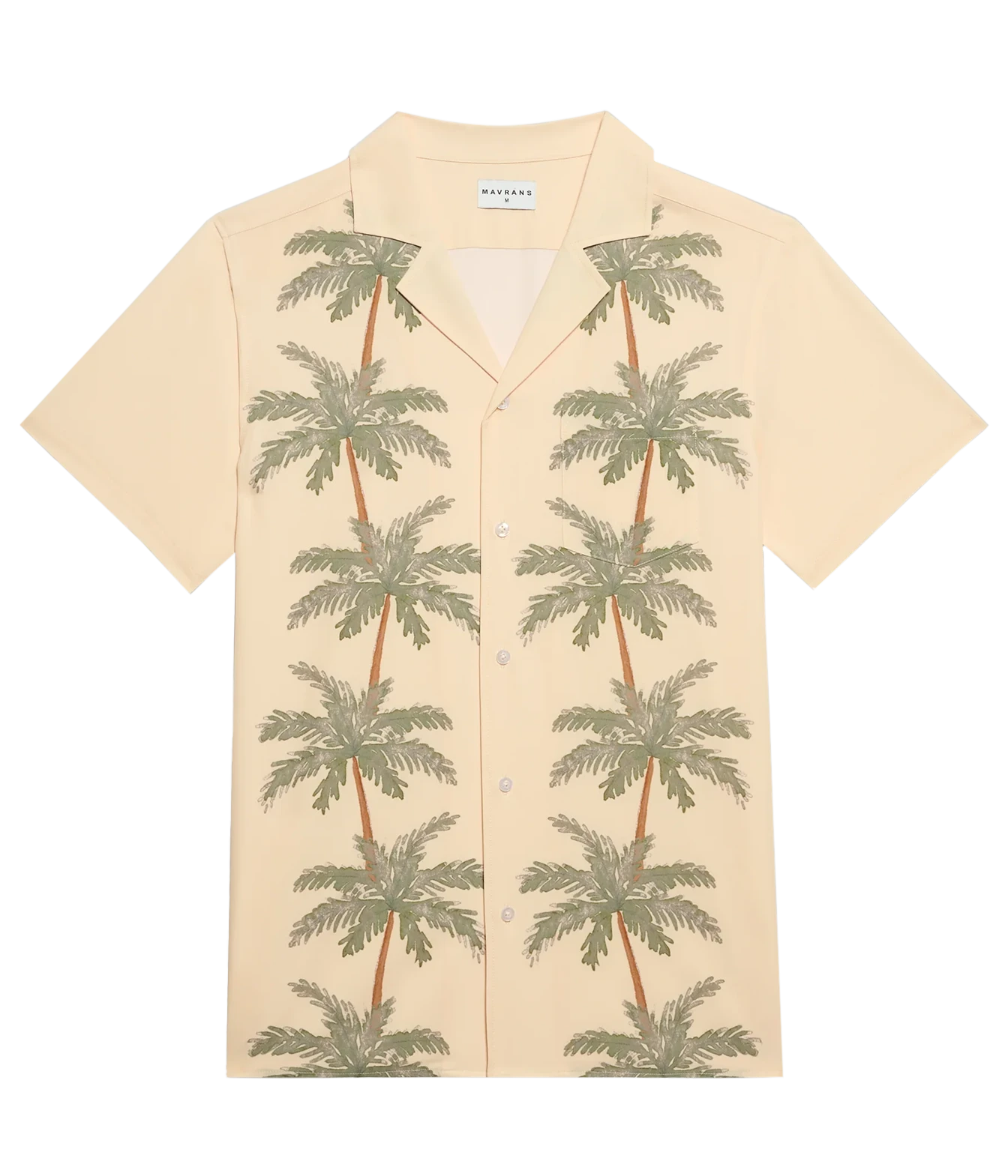 A short-sleeve button-up camp shirt in cream with a green palm tree print, shown flat against a white background.