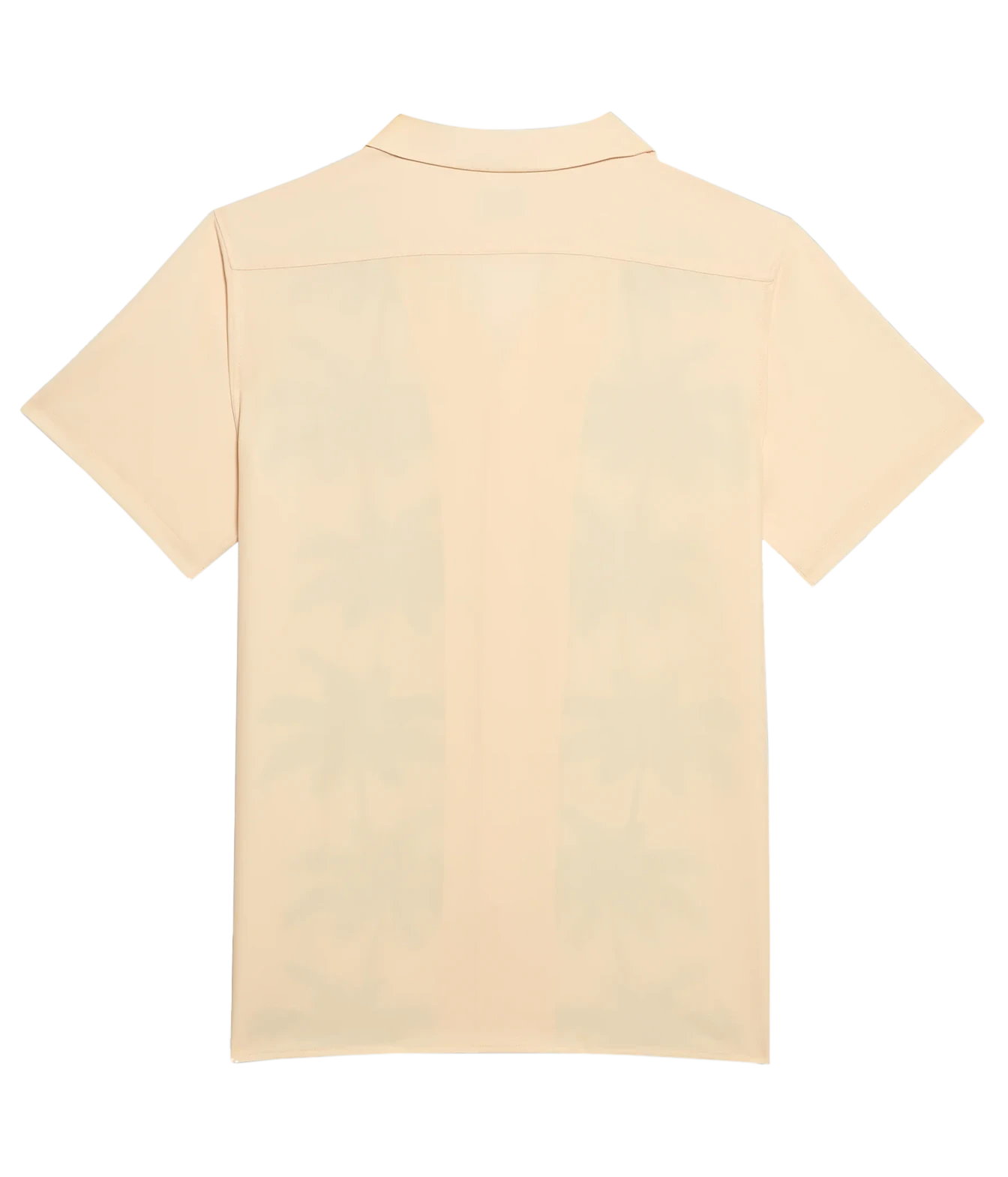 A short-sleeve collared shirt shown from the back, in a pale peach-beige color with a subtle tonal vertical pattern.