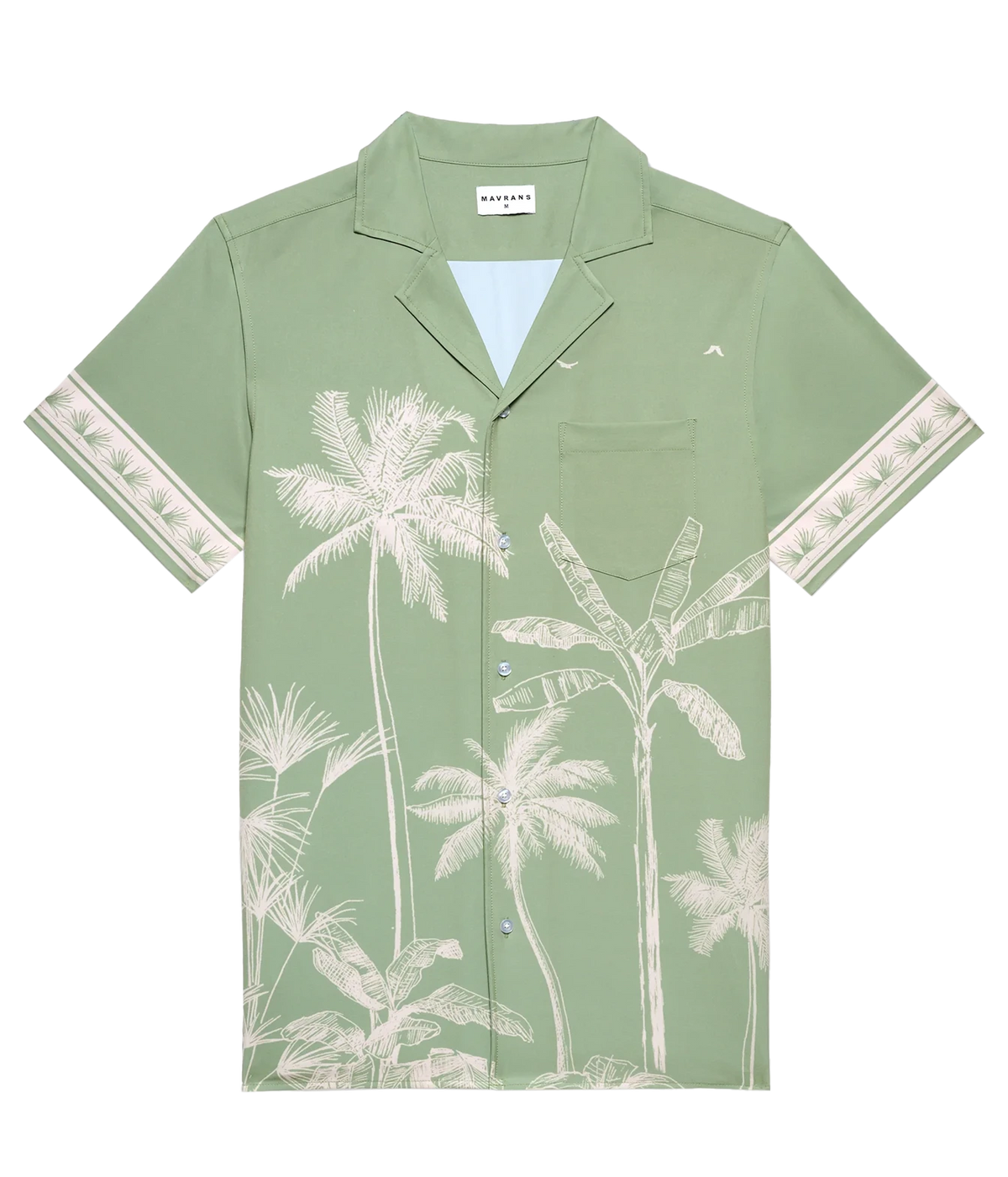 A sage green short-sleeve camp collar shirt with a white palm tree and tropical leaf print, featuring patterned cream cuffs and a chest pocket.