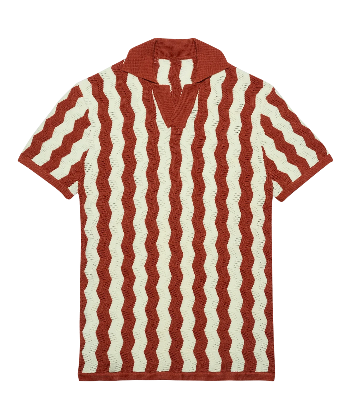 A short-sleeve knit polo shirt with vertical wavy stripes in rust red and cream, shown flat against a white background.