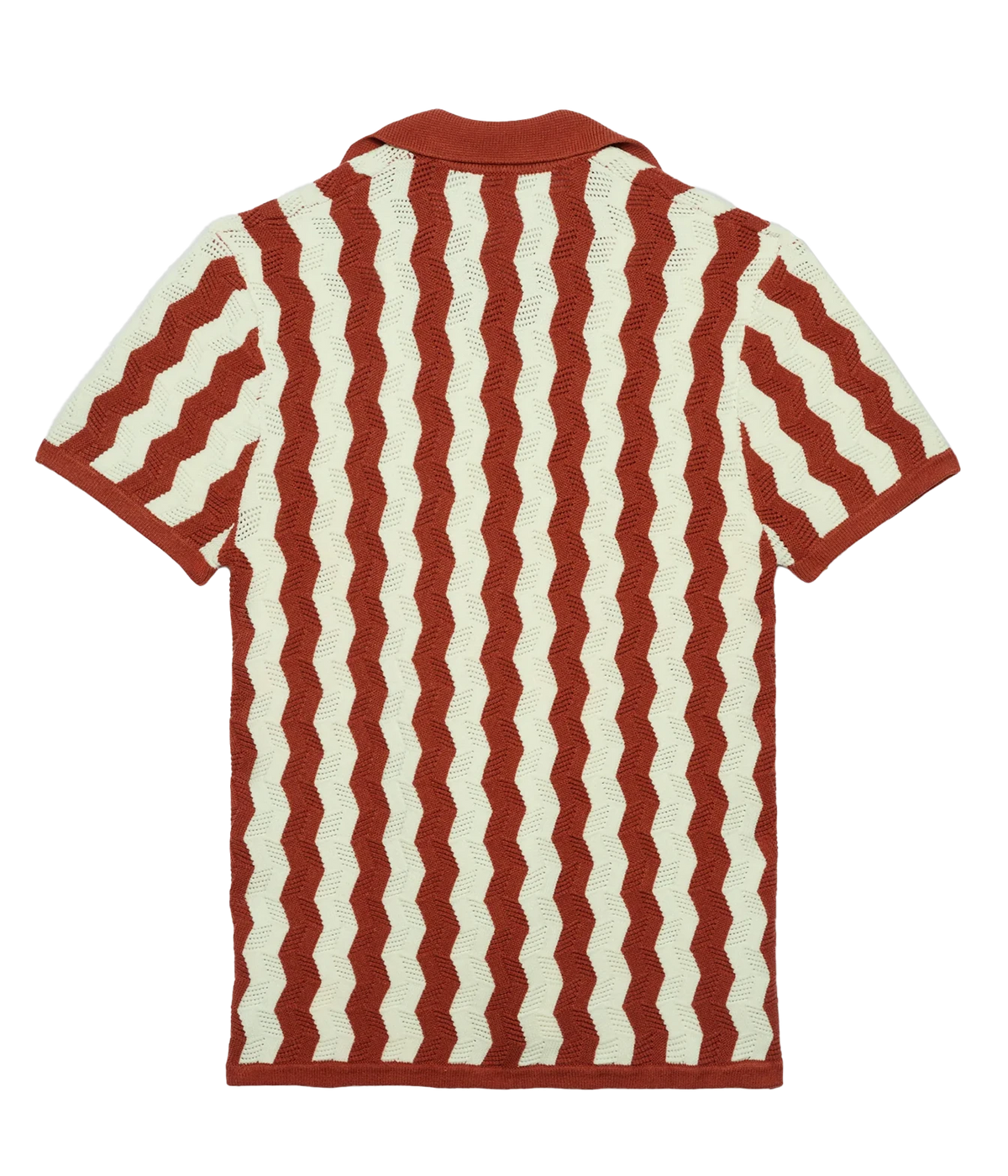 A short-sleeve knit polo shirt shown from the back, featuring a wavy vertical stripe pattern in rust red and cream.