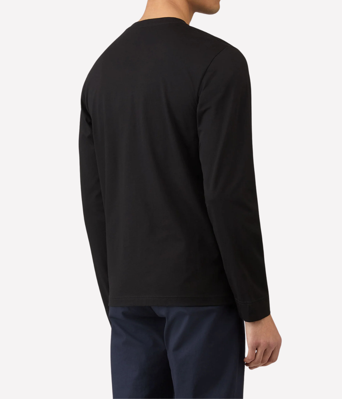Sunspel Long Sleeve Riviera T-Shirt in Black worn on model back view showing streamlined slim silhouette