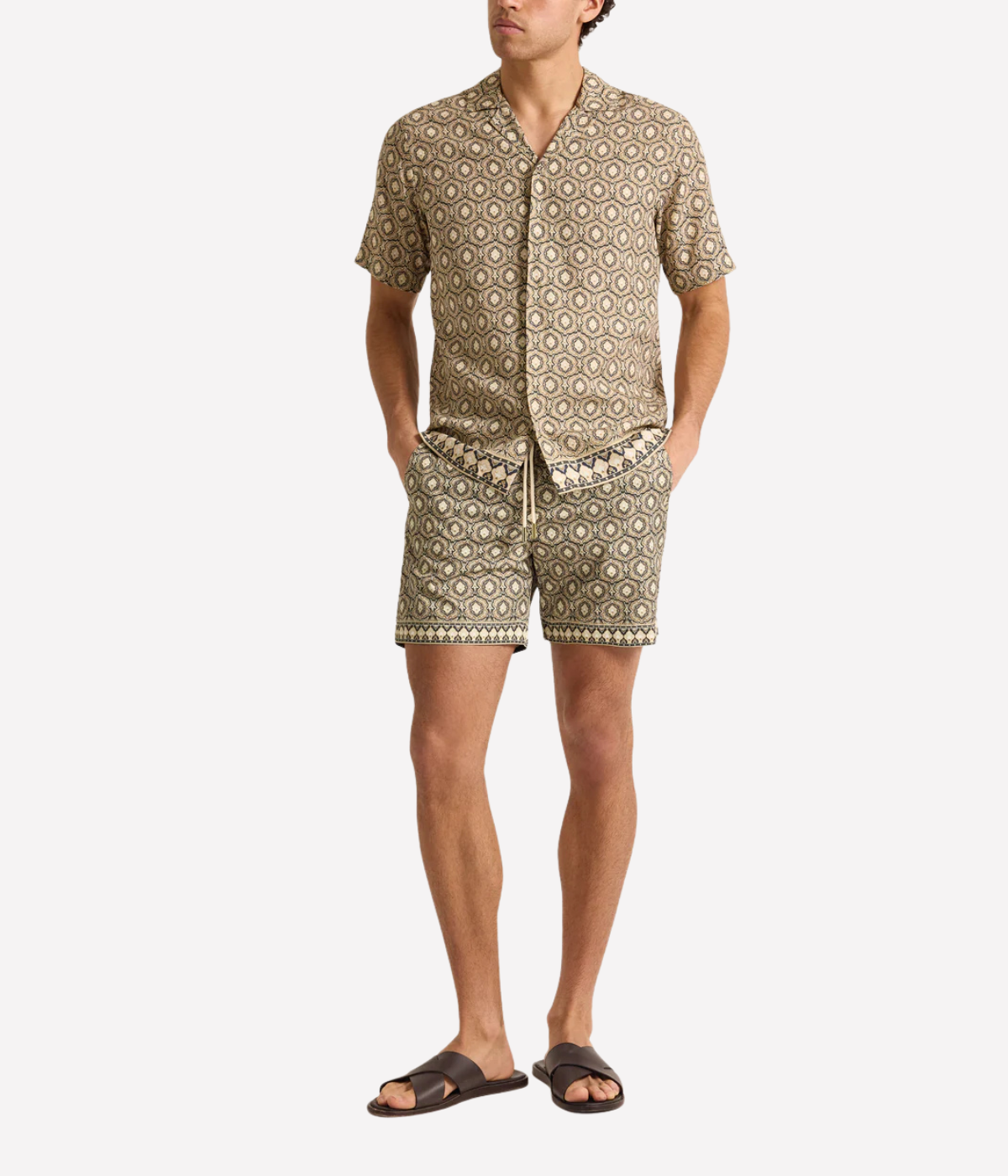 Orlebar Brown Maitan Passetto Print Shirt in Bayleaf Green featuring an exclusive geometric print, Capri collar and relaxed fit - Full Length Front Shot