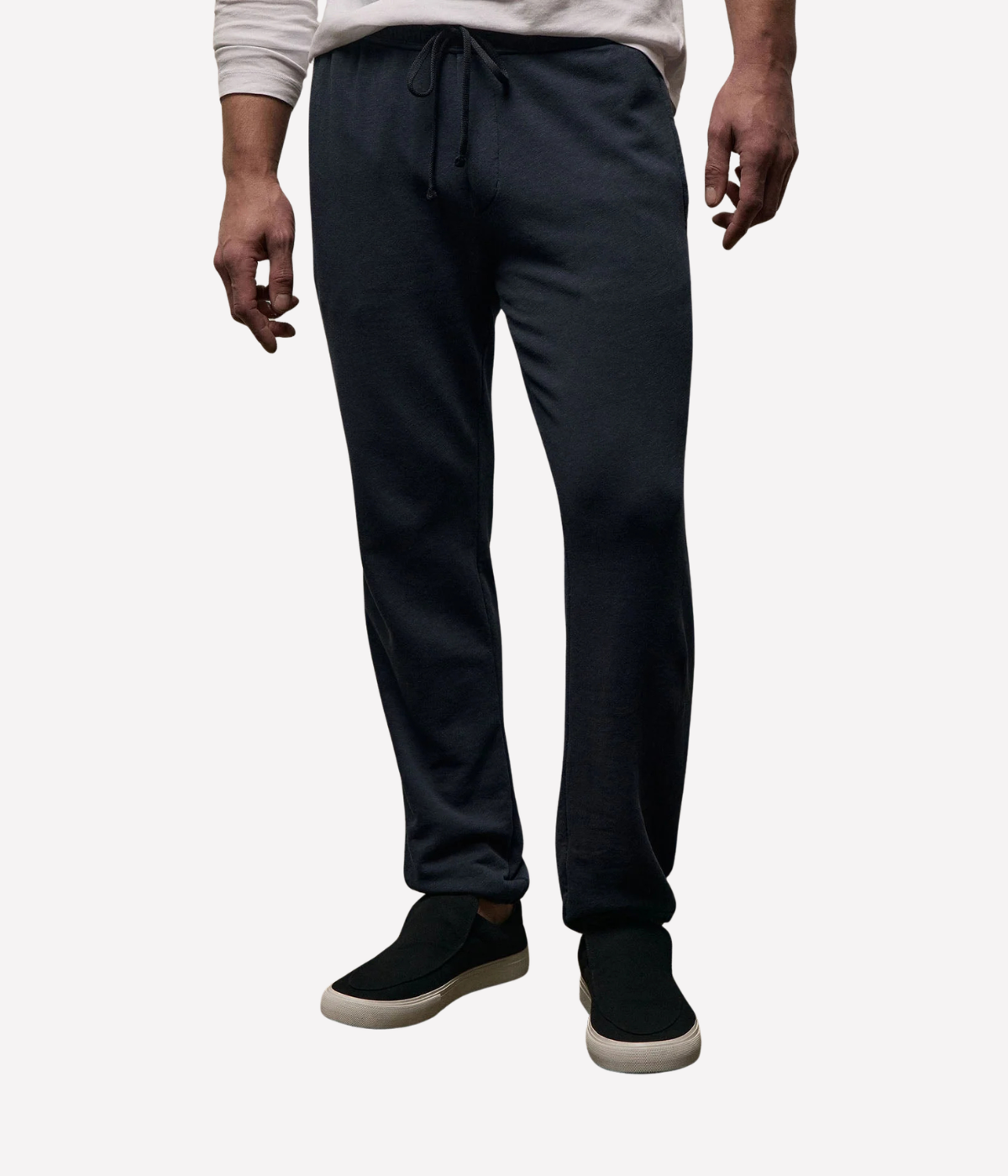 James Perse Vintage French Terry Sweatpant in Deep – lower half front view on model highlighting relaxed leg shape and soft French terry texture.
