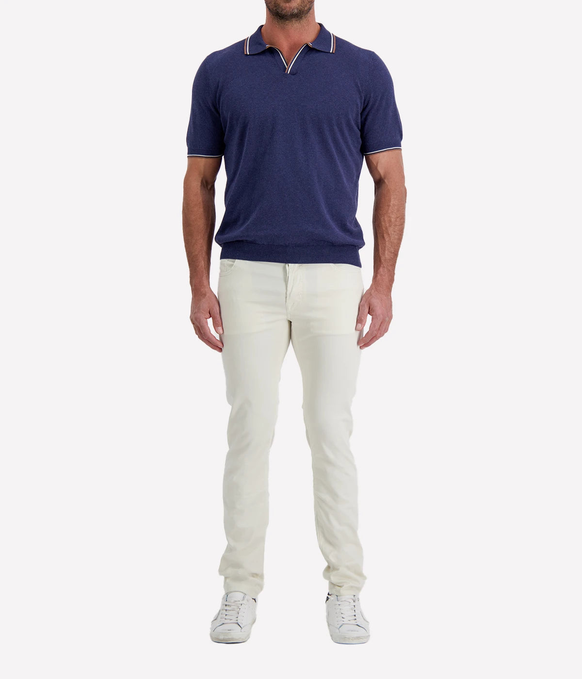 Tennis Short Sleeve Polo in Faded Navy Brown Strip