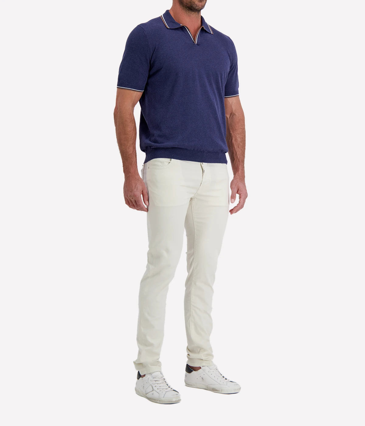 Tennis Short Sleeve Polo in Faded Navy Brown Strip