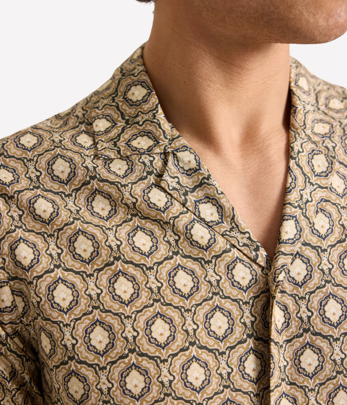 Orlebar Brown Maitan Passetto Print Shirt in Bayleaf Green featuring an exclusive geometric print, Capri collar and relaxed fit - Close Up Shot on Collar