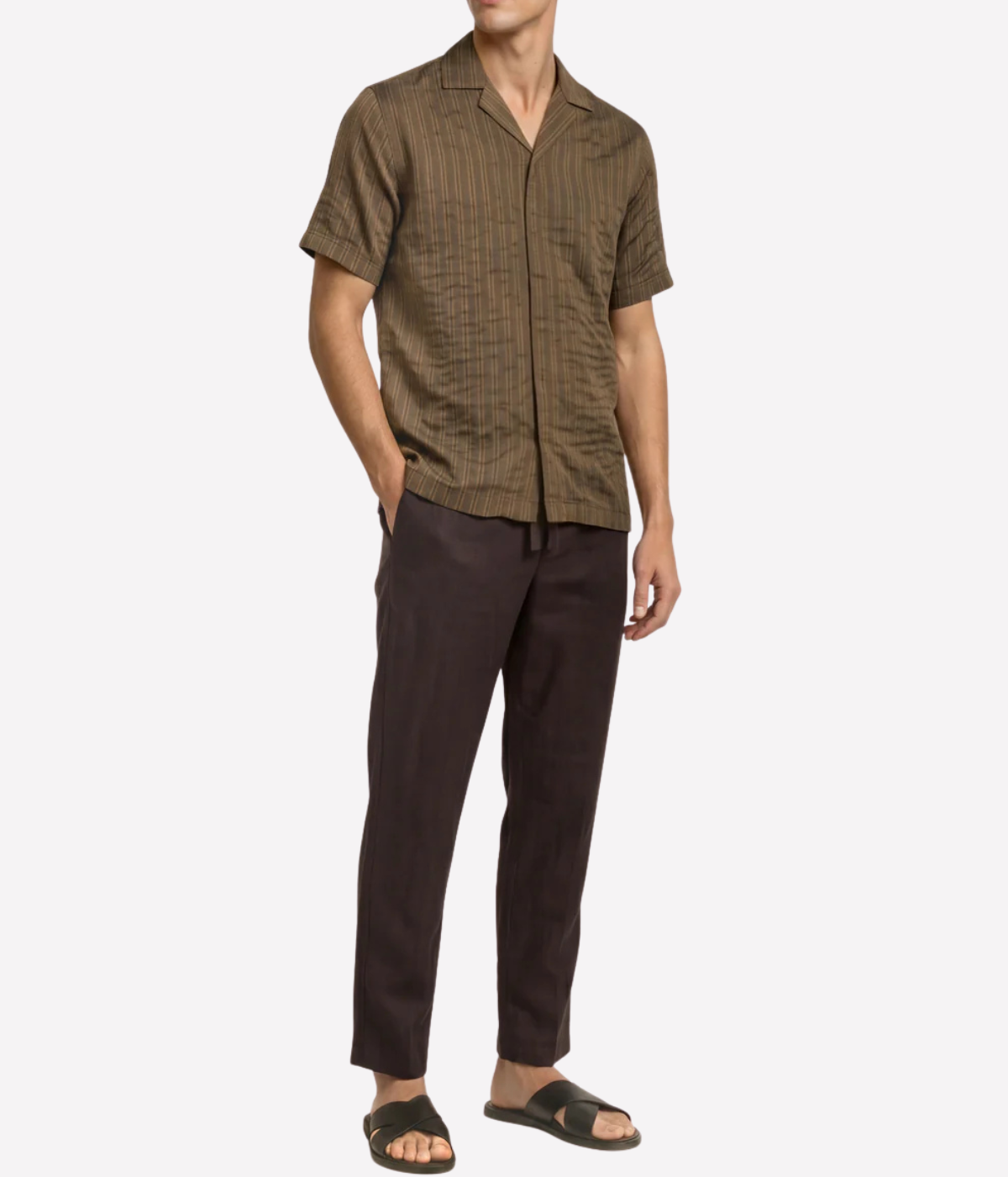 Orlebar Brown Maitan Villa Stripe Shirt in Bronze front view on model.