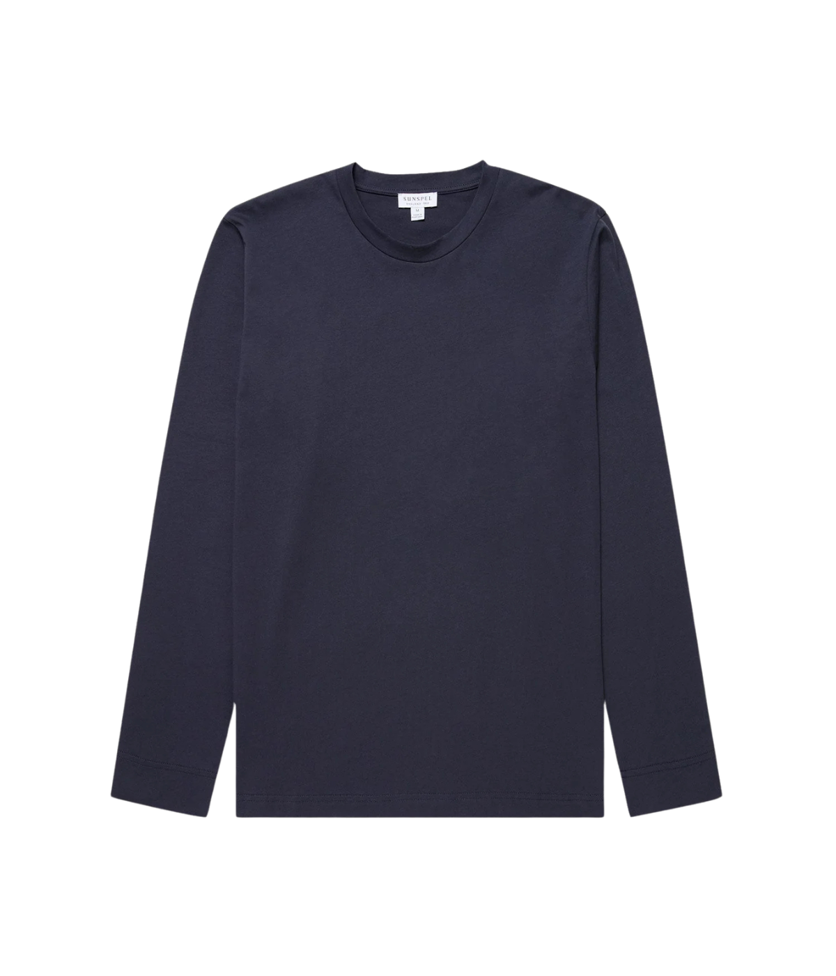 Sunspel Long Sleeve Riviera T-Shirt in Navy flat lay view of slim-fit midweight Supima cotton long sleeve tee