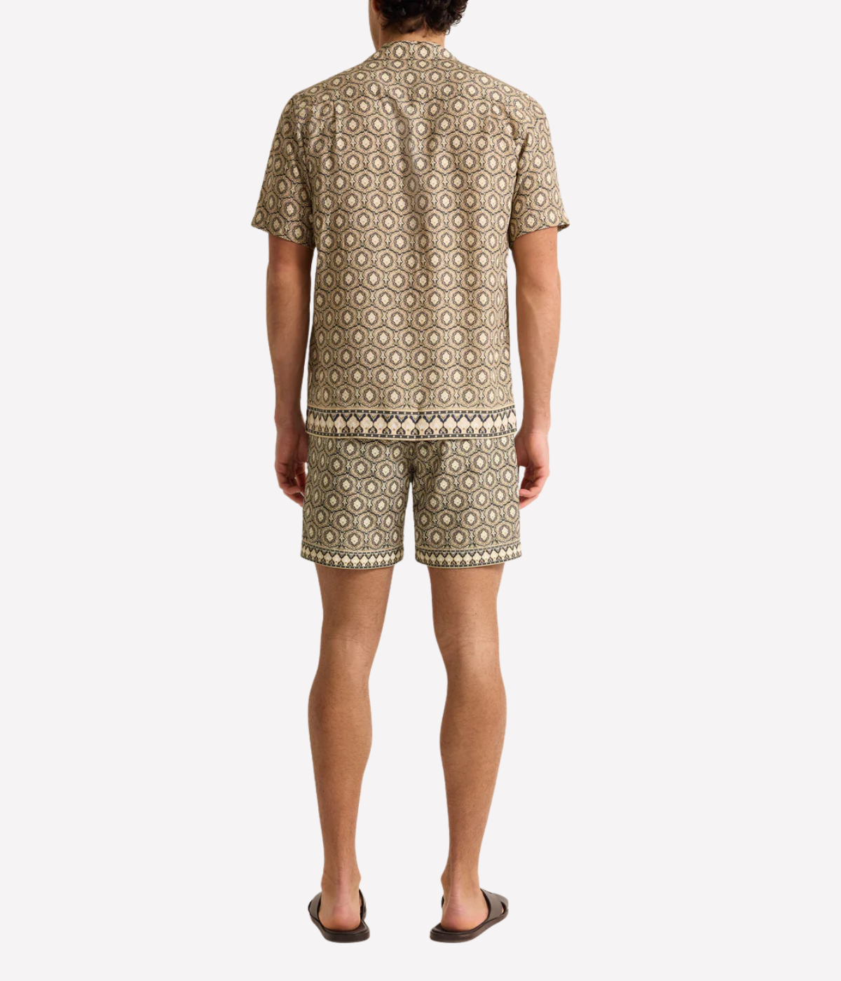 Orlebar Brown Maitan Passetto Print Shirt in Bayleaf Green featuring an exclusive geometric print, Capri collar and relaxed fit - Full Length Back Shot