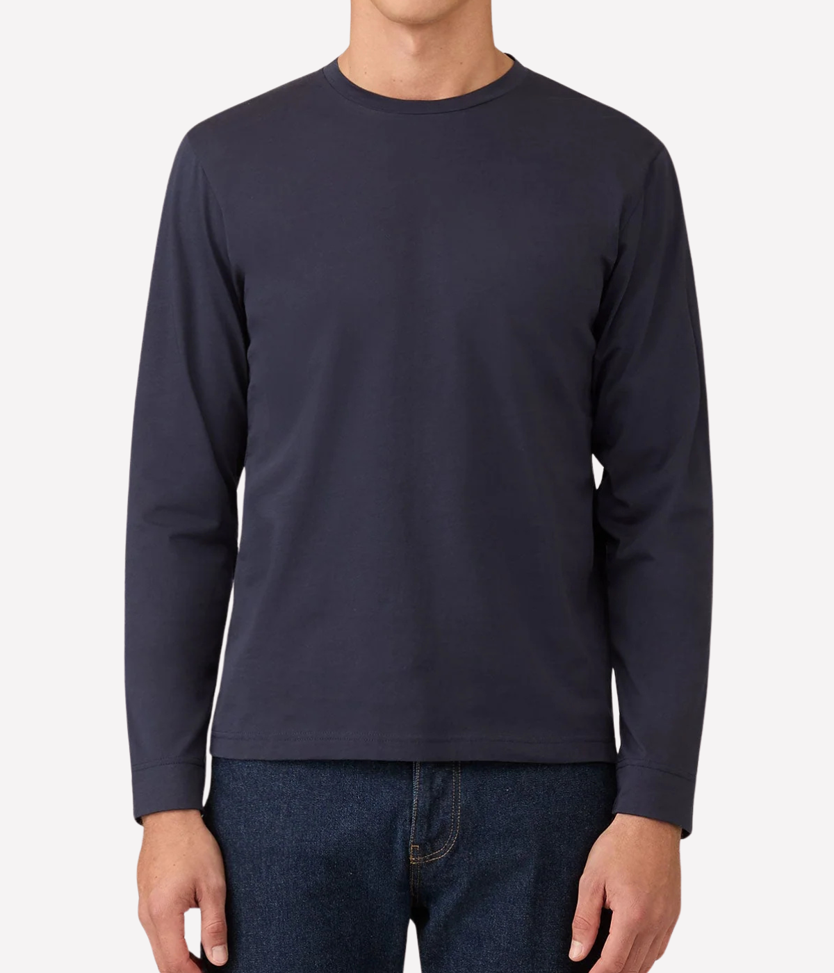 Sunspel Long Sleeve Riviera T-Shirt in Navy worn on model front view showing slim fit and clean silhouette