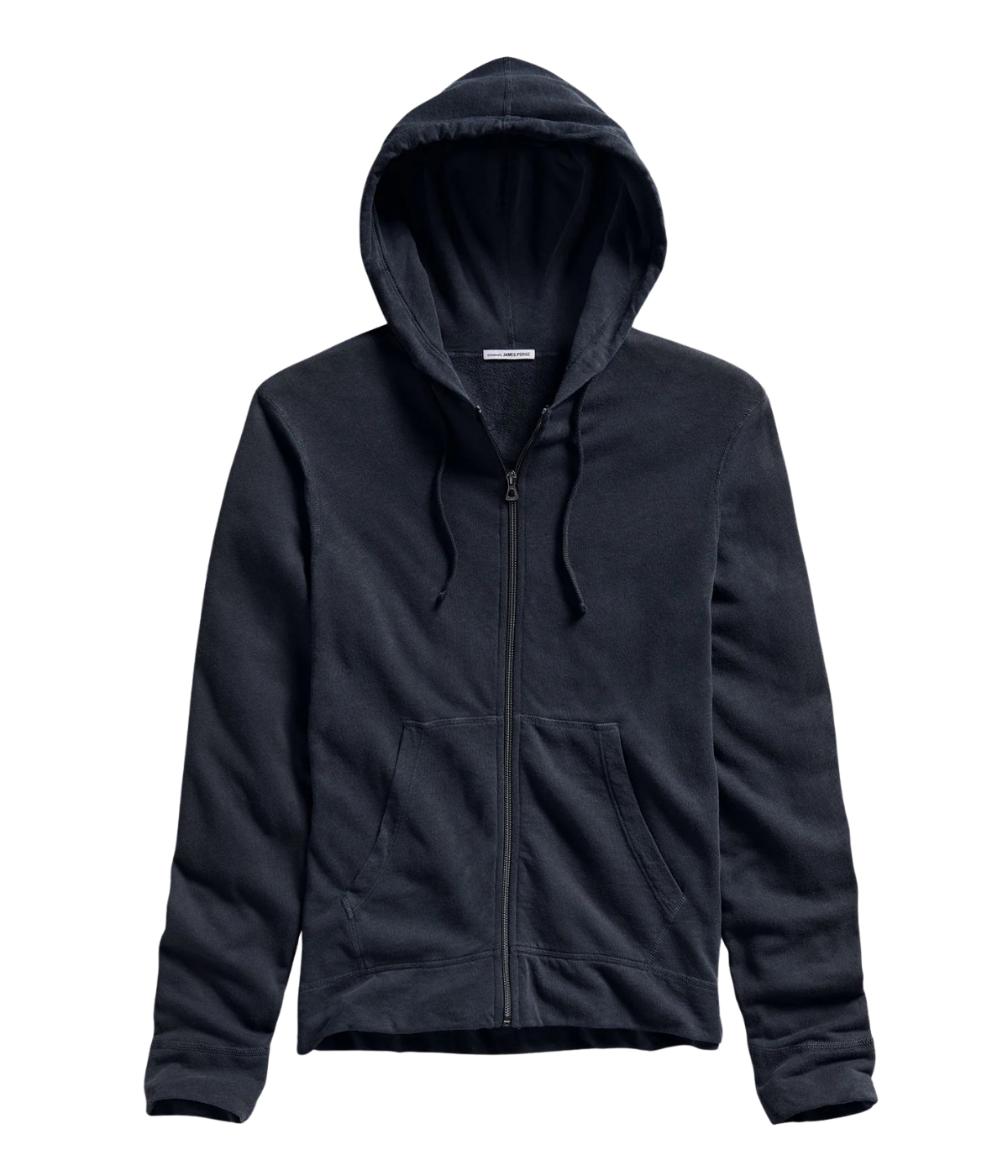 James Perse Vintage French Terry Zip Hoodie in Deep – flat lay product shot displaying zip-front design, drawcord hood, and lightweight cotton French terry fabric.