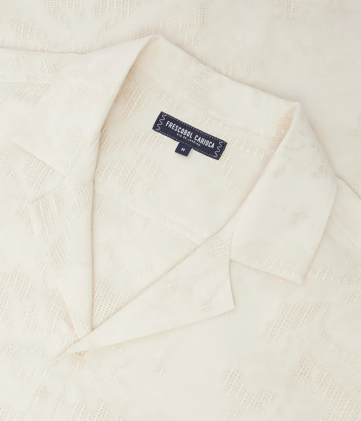 Men’s long-sleeve camp collar shirt in off-white jacquard cotton-viscose blend with relaxed fit and rattan-inspired texture.