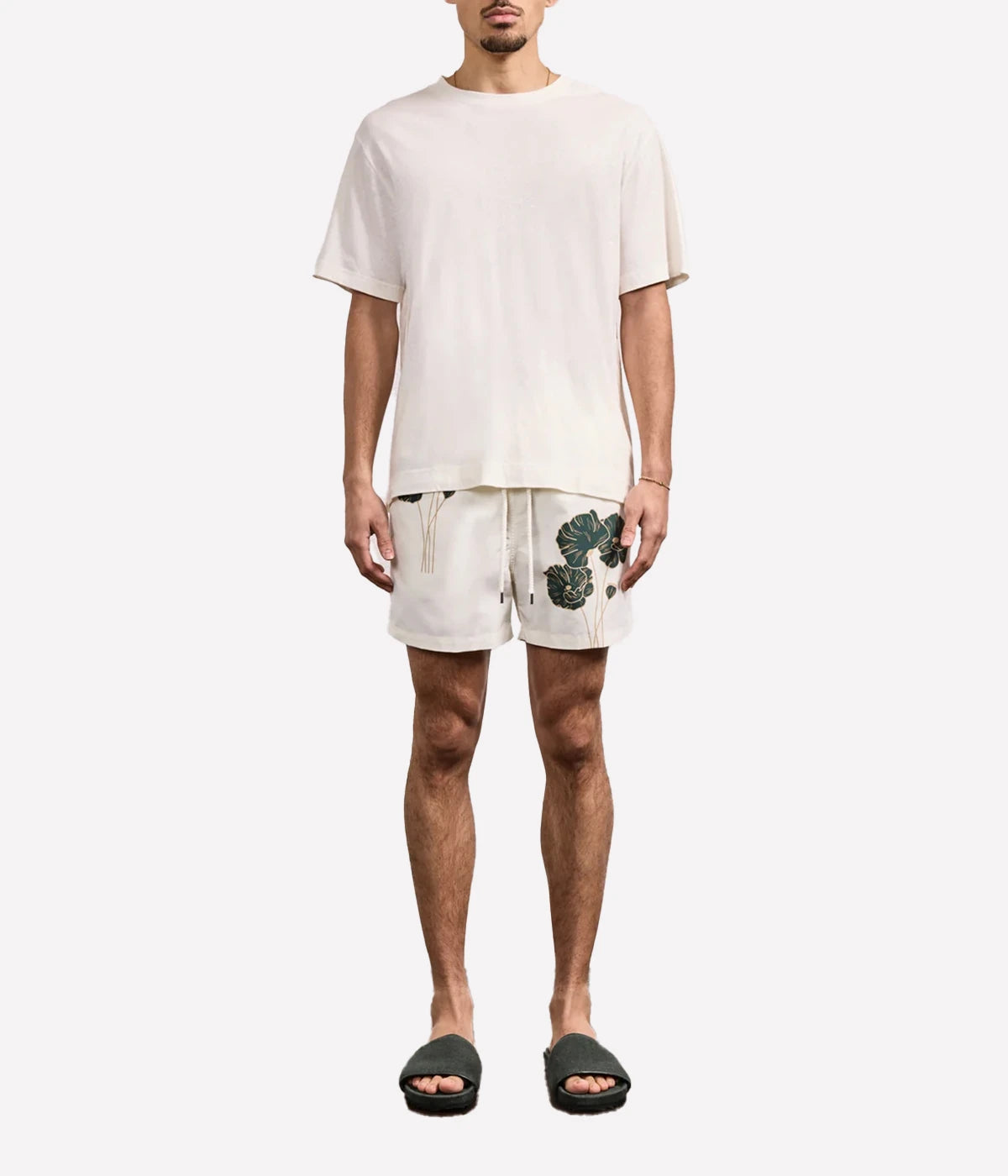 Rio Swim Short Linear Floral Print in Ivory & Evergreen