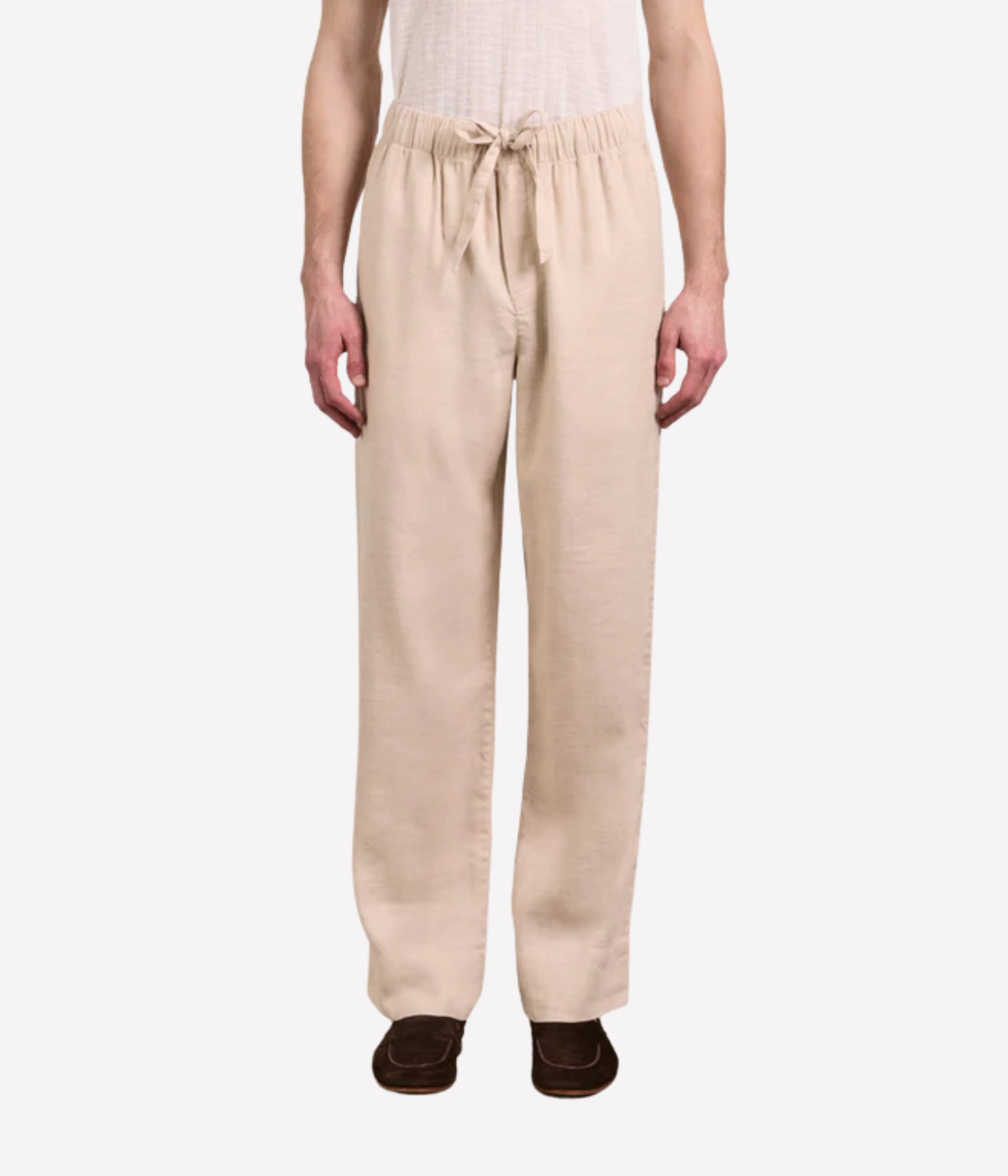 Frescobol Carioca Luan Linen Blend Relaxed Lounge Pants in Sand – Front View on Modal Wide Leg Drawstring Trousers