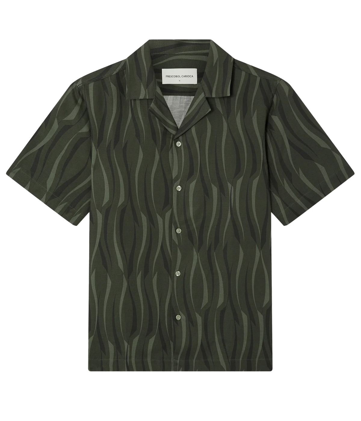 A Frescobol Carioca Roberto Short Sleeve Linen-Blend Shirt in Cove Green, featuring a dark olive green and black wavy vertical stripe pattern, shown flat on a white background.
