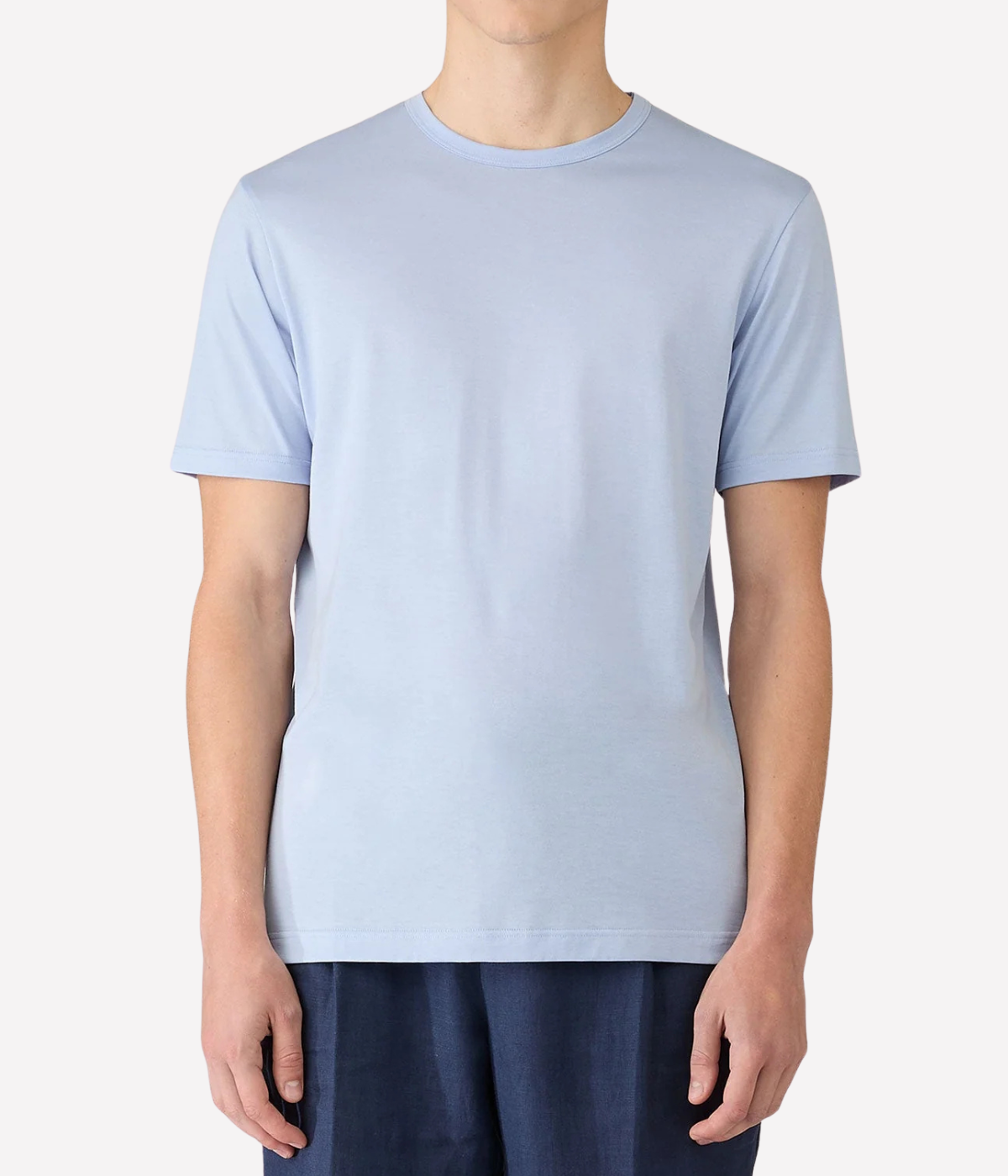 Sunspel Short Sleeve Crew Neck T-Shirt in Sky worn on model front view showing slim fit and clean silhouette