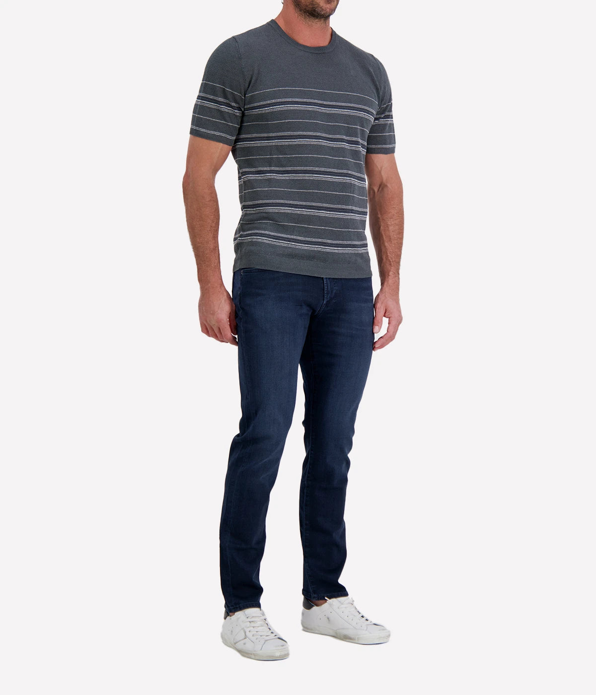 Roberto Collina Knit Short Sleeve Roundneck in Charcoal angled front view on model.