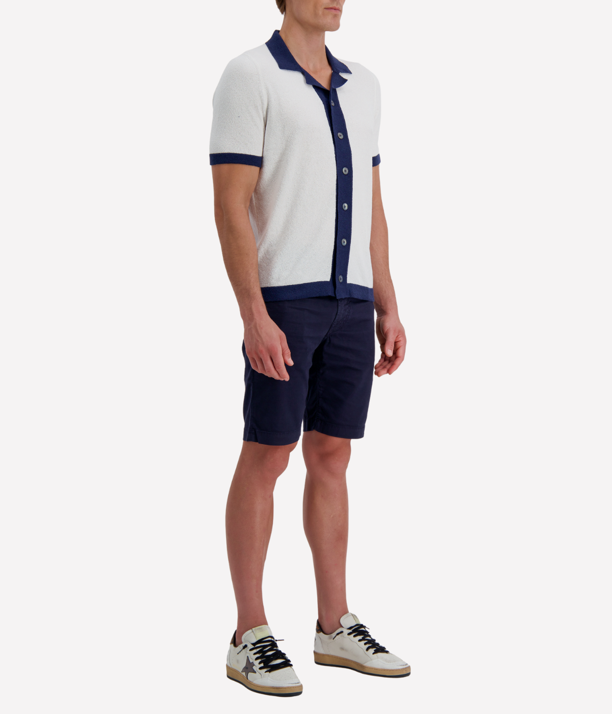 Short Sleeve Boucle Shirt in White Navy Contrast