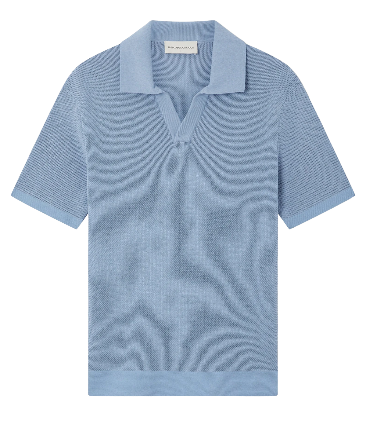 A Frescobol Carioca Rino Short Sleeve Cotton Polo in Light Denim Blue with a textured knit fabric, presented flat against a solid white background.