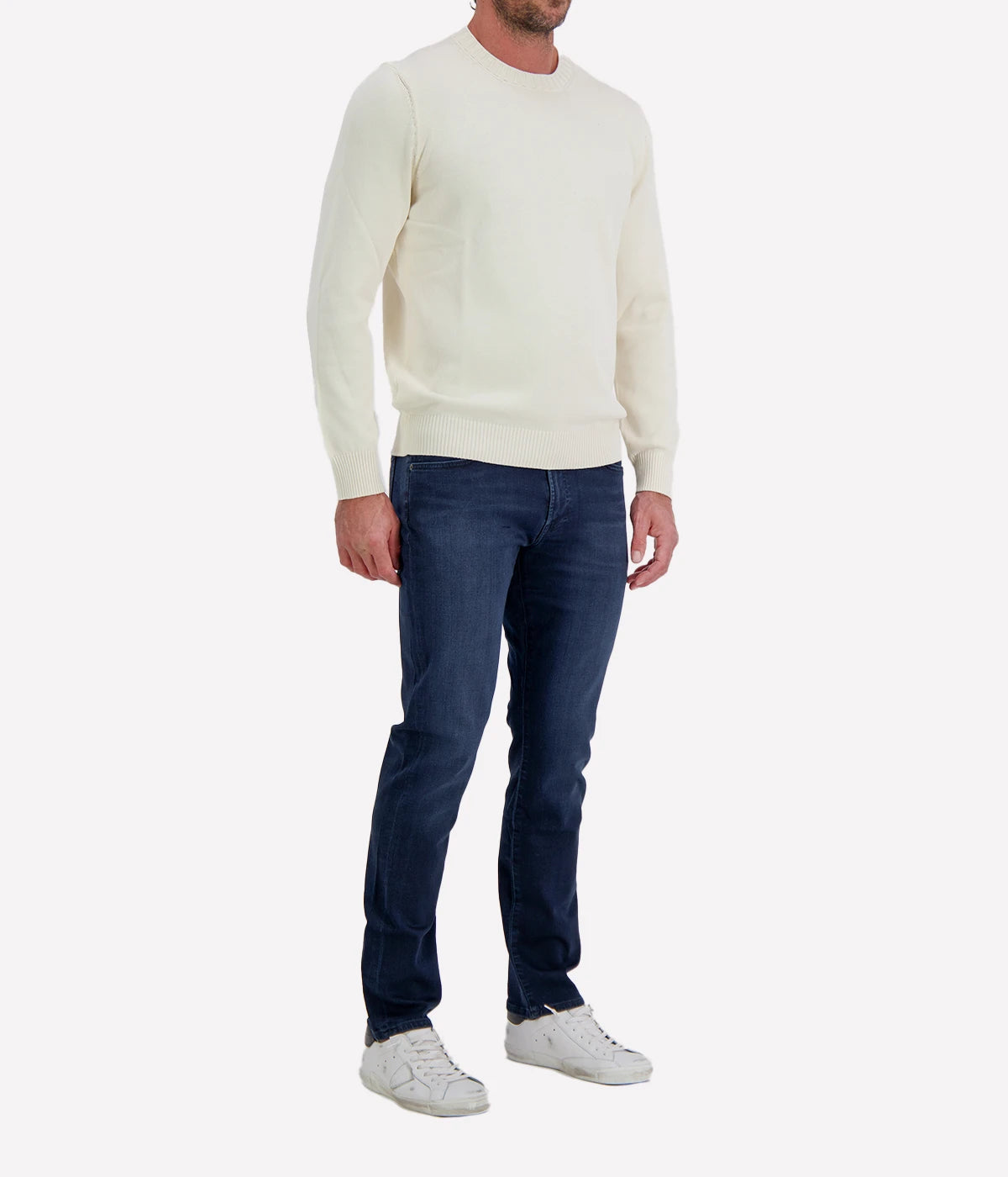 Gran Sasso Crew Long Sleeve in Off White – Angled View 2-Ply Egyptian Cotton Knit