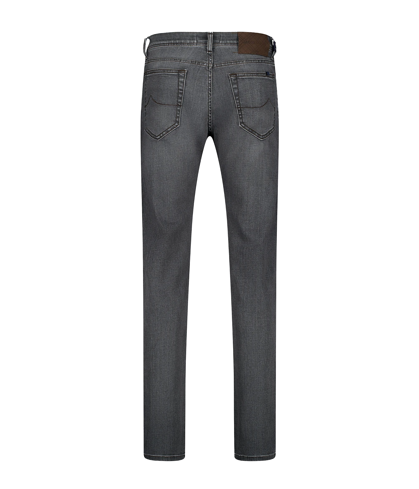 Back view of a pair of slim-fit gray denim jeans on a white background, showing the back pockets, belt loops, and a brown leather patch at the waistband.
