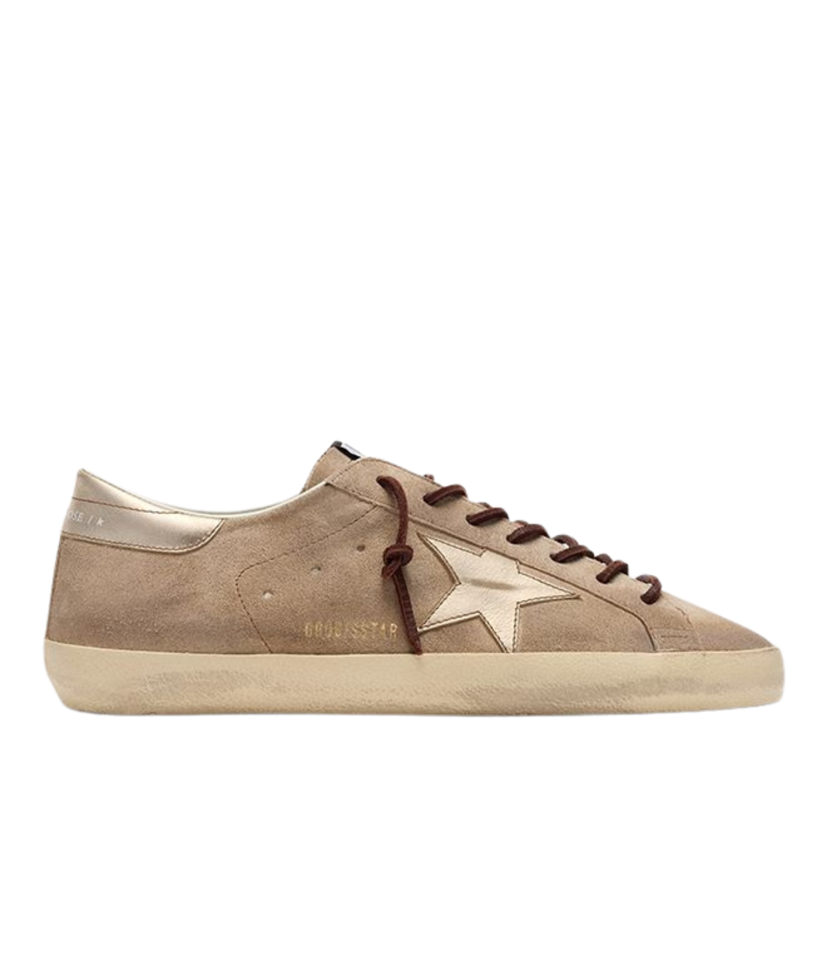 Golden Goose Super-Star low-top sneakers with a beige suede upper, laminated leather star and heel, side profile.