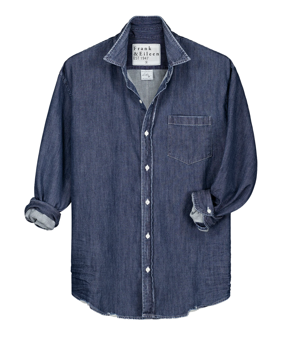 A dark blue denim long-sleeve button-up shirt by Frank & Eileen, featuring a chest pocket and rolled-up sleeves, displayed on a clean white background.