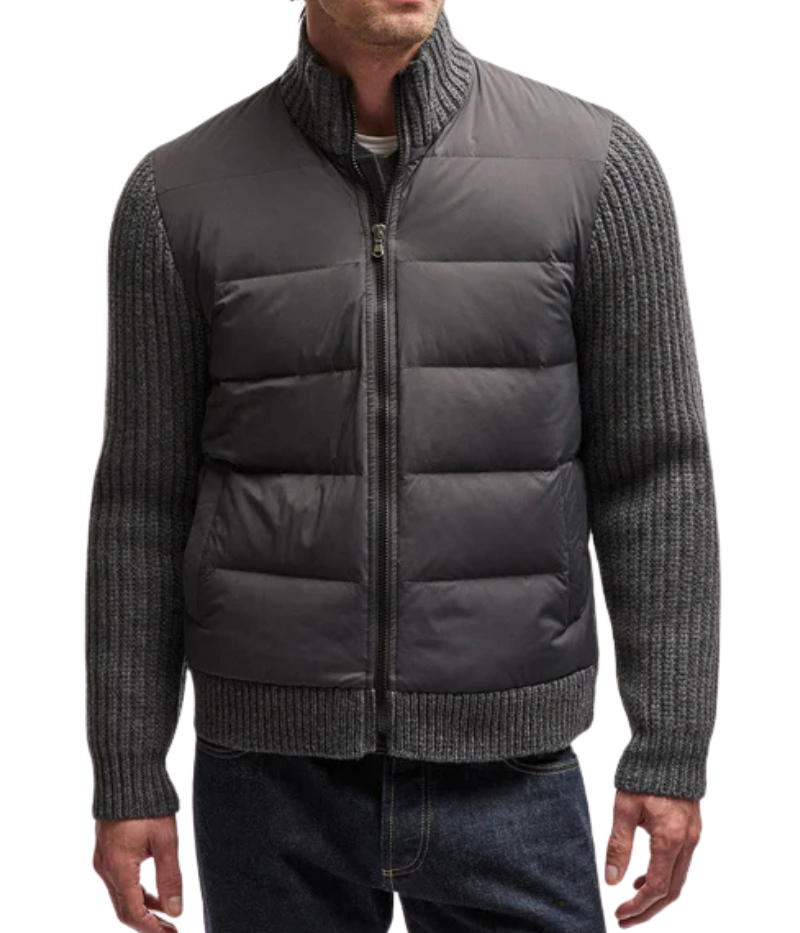 James Perse mixed media funnel neck jacket with quilted detailing, soft cashmere-wool blend sleeves and neck, crafted from Italian fabric