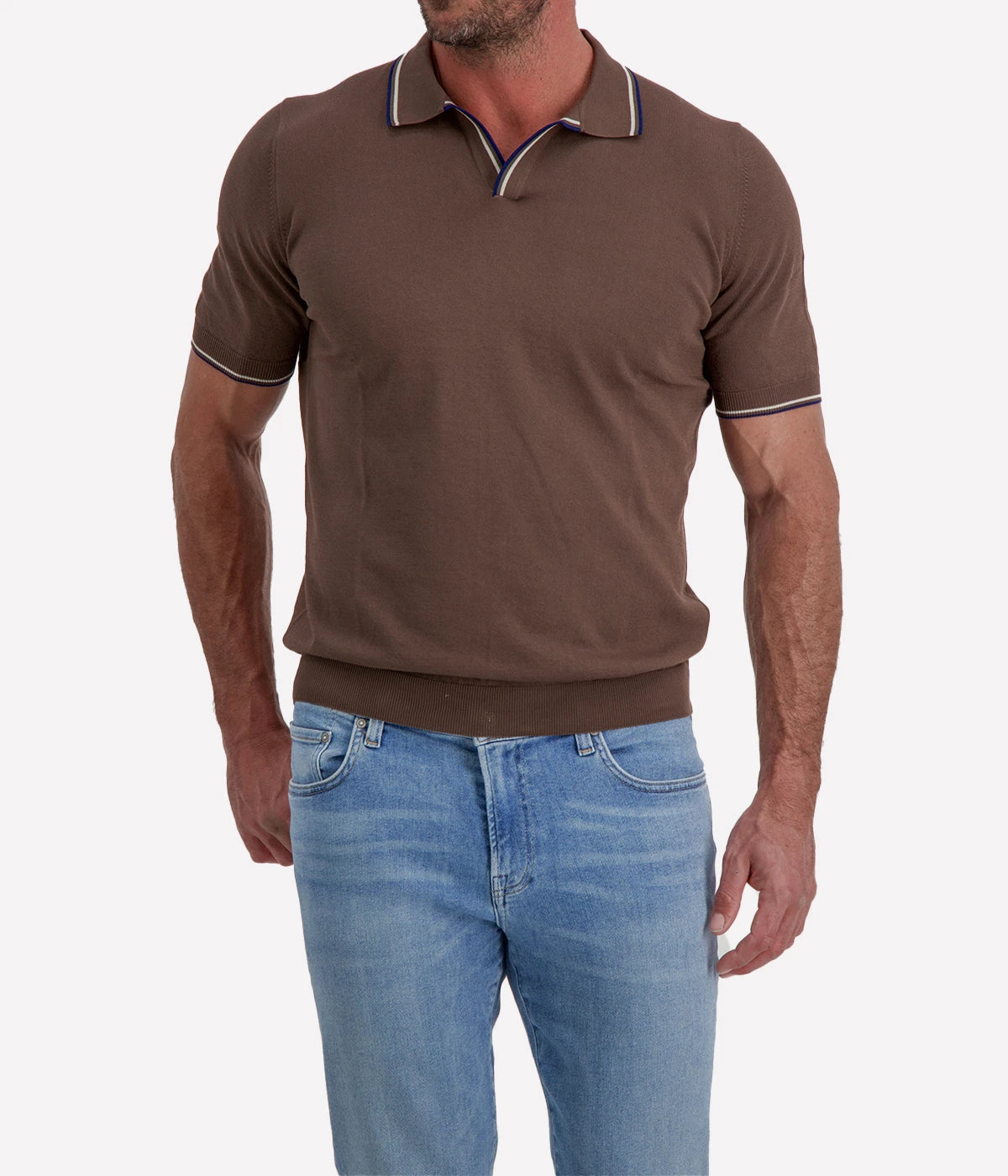 Tennis Short Sleeve Polo in Chocolate Blue Stripe