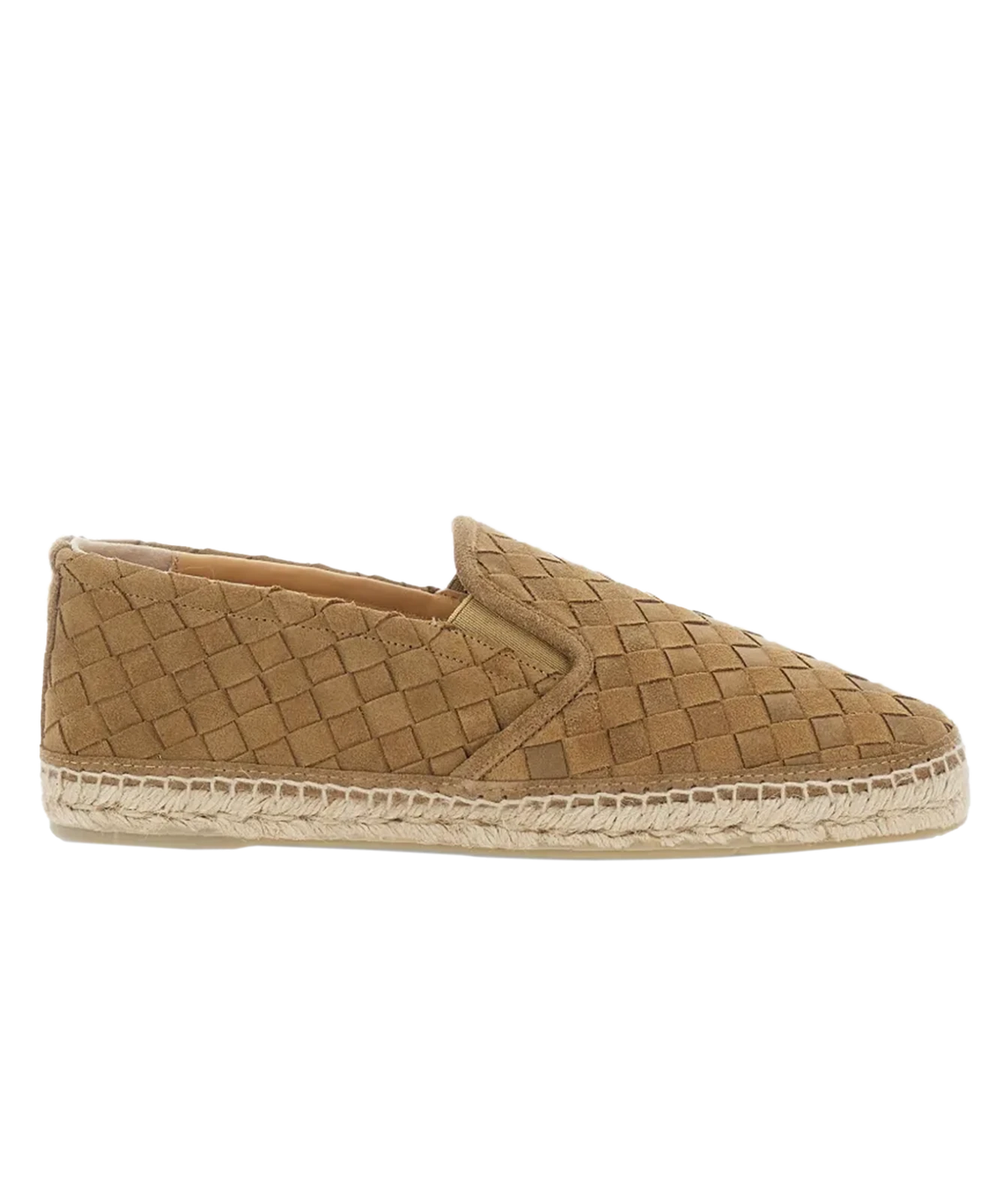 Side view of Castañer Java Espadrilles in Arena showing the woven suede upper and braided jute sole