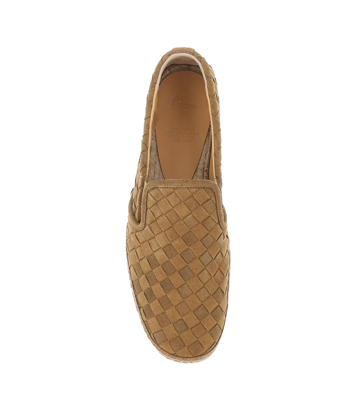 Top view of Castañer Java Espadrilles in Arena showing the woven suede upper