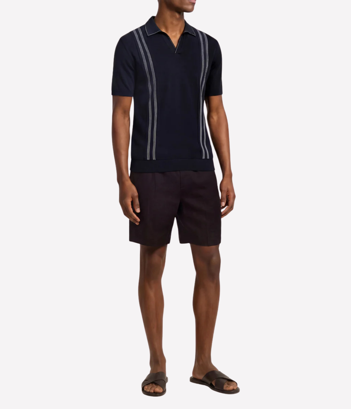 Orlebar Brown Horton Chevron Stripe Polo in Night Iris / White Sand front view on model.
