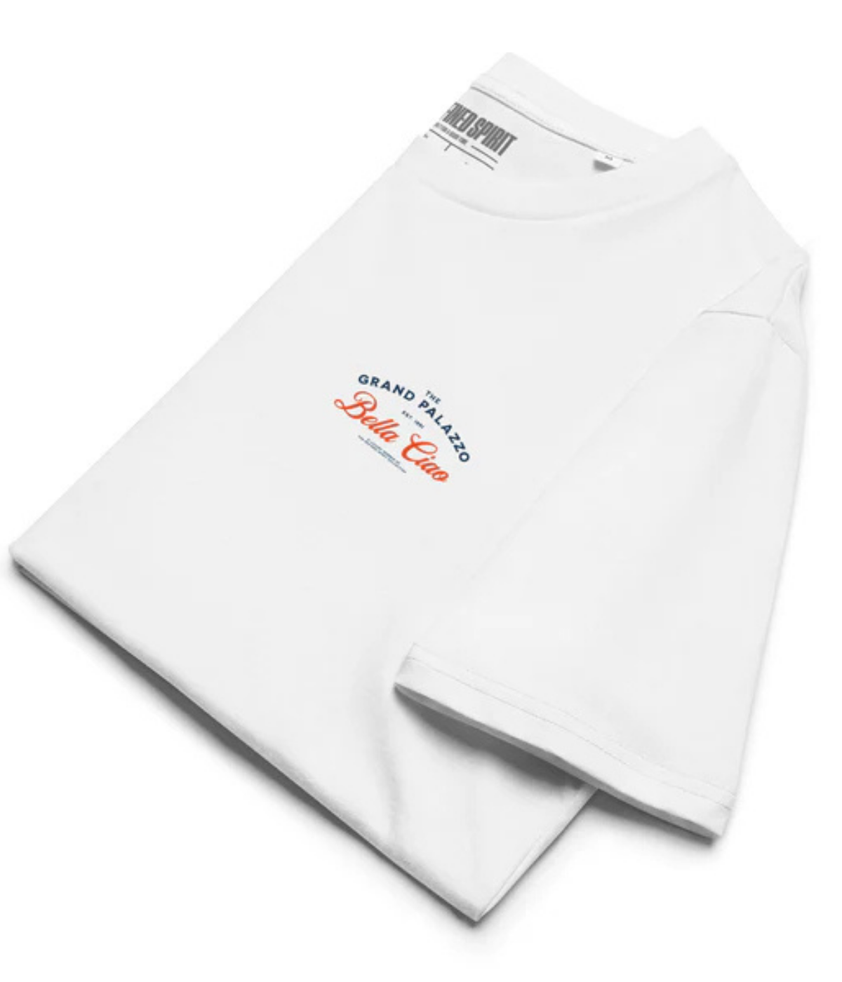 The Refined Spirit Grand Palazzo Tee in White folded to highlight front print