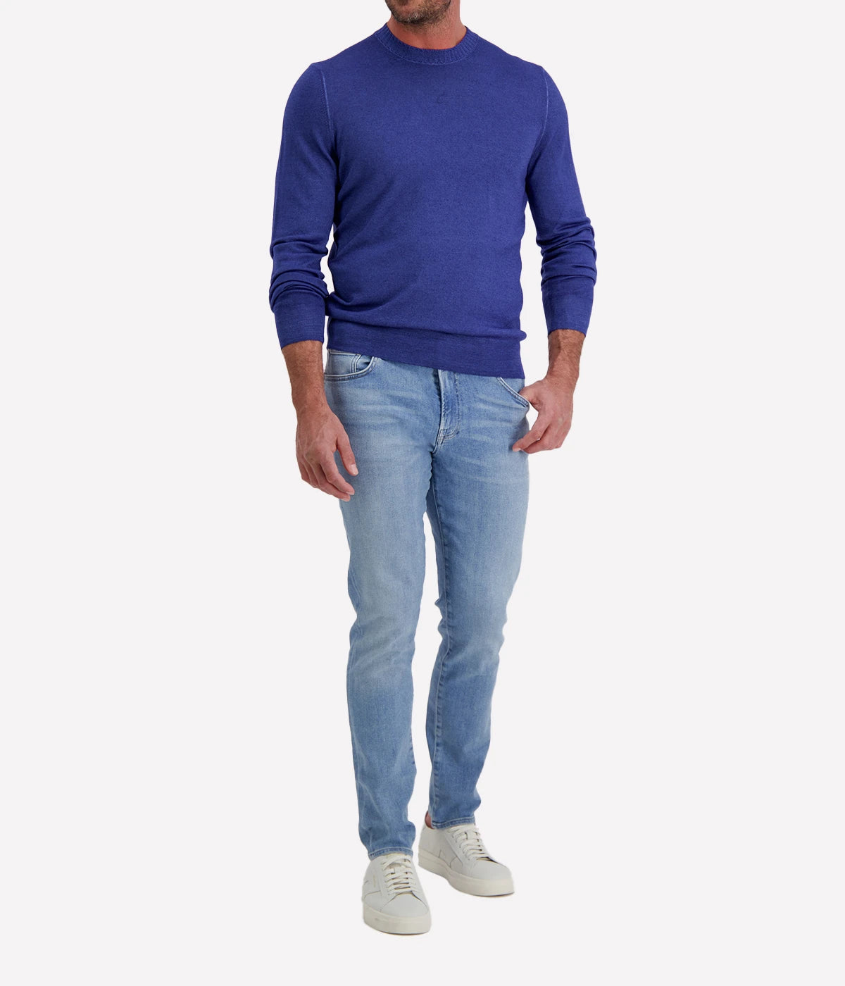 Gran Sasso Wool Crew Longsleeve in Blue – Front full length View Fine Wool Knit