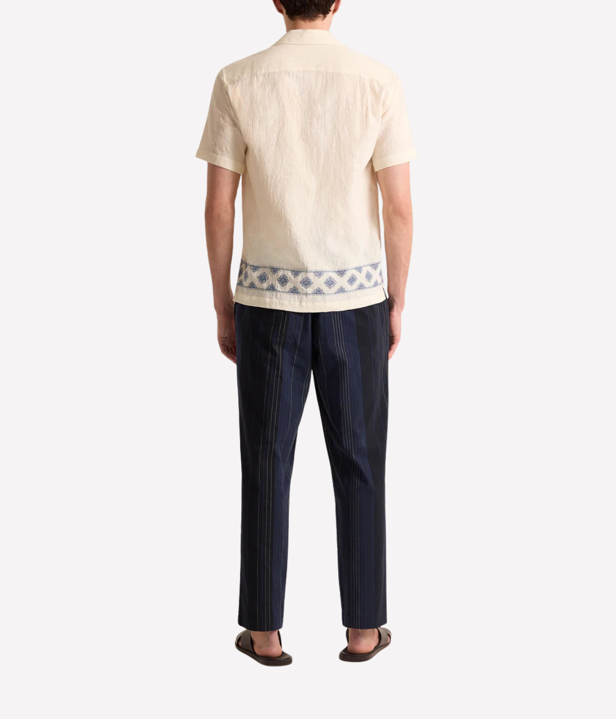 Orlebar Brown Maitan Carnival Embroidery Shirt in White Sand & Nightfall Blue featuring exclusive embroidered artwork, a Capri collar and relaxed fit - Full Length back Shot