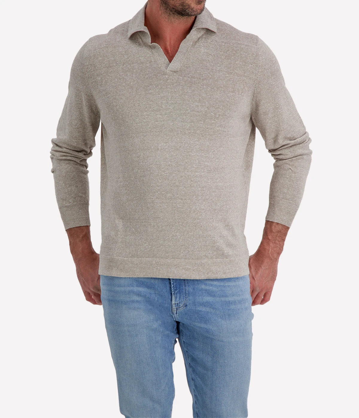 Gran Sasso Long Sleeve Polo in Beige Speckle – Front View Open Collar Knit