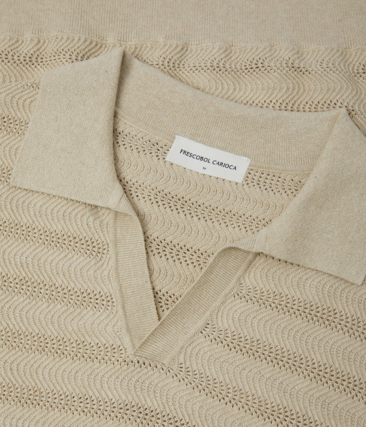 Frescobol Carioca Rino Cotton Jacquard Wave Short Sleeve Knit Polo in Sand – Close Up View on Collar Jacquard Knit Polo