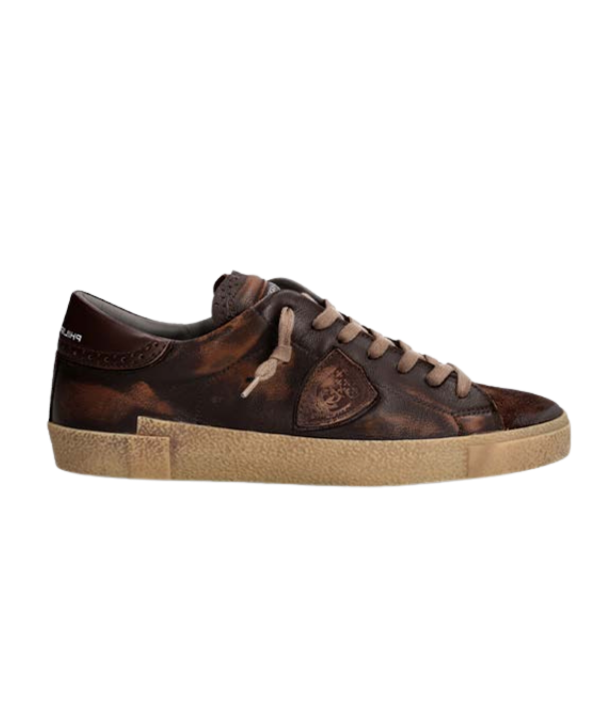 Philippe Model Prsx Low Man in Vintage Brogue Brun side view featuring vintage leather upper and signature shield