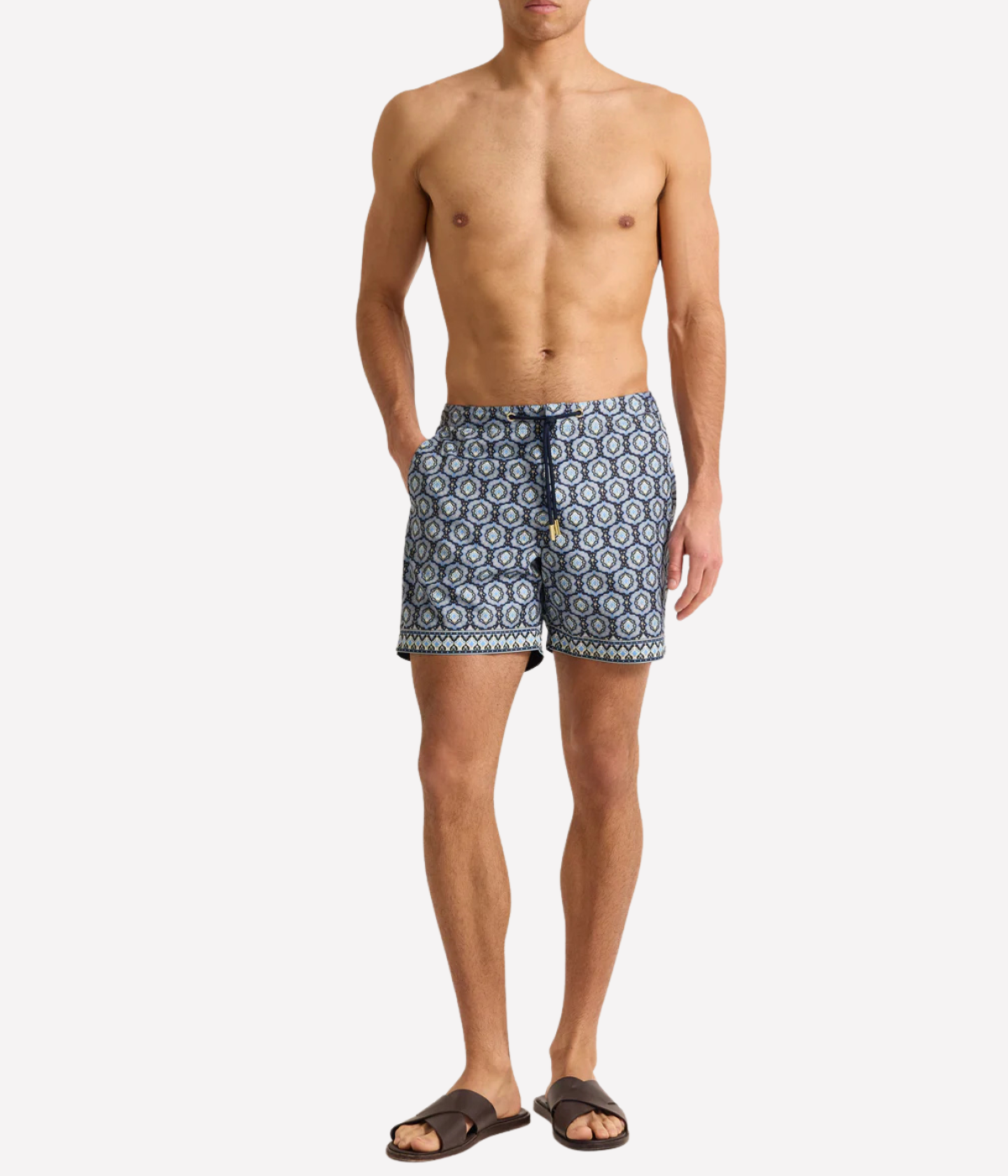 Orlebar Brown Bulldog Drawcord Boardshort in Night Iris featuring an exclusive print, adjustable rope-effect drawcord and signature mid-length fit - Full Length Front Shot