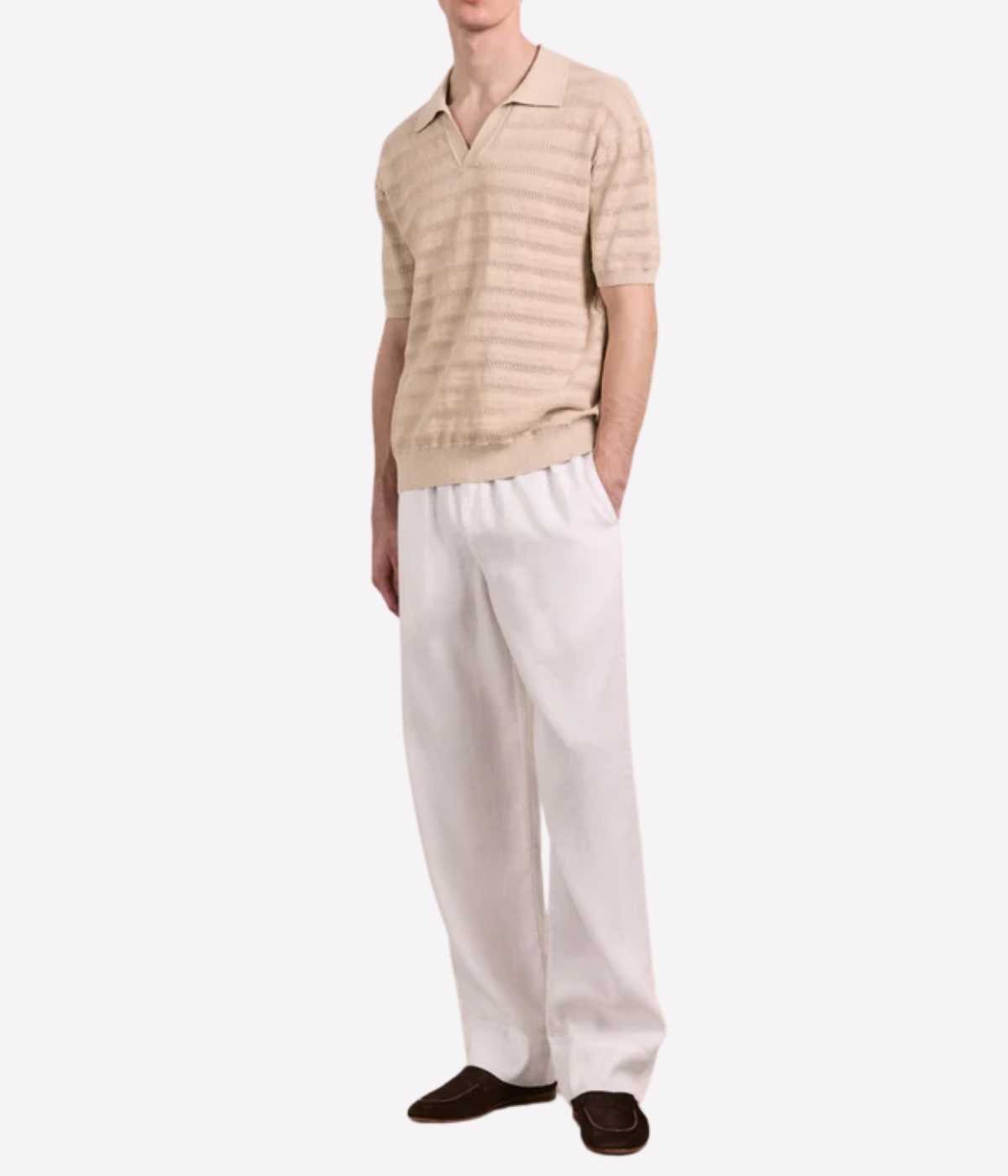 Frescobol Carioca Rino Cotton Jacquard Wave Short Sleeve Knit Polo in Sand – Front View on Model Jacquard Knit Polo