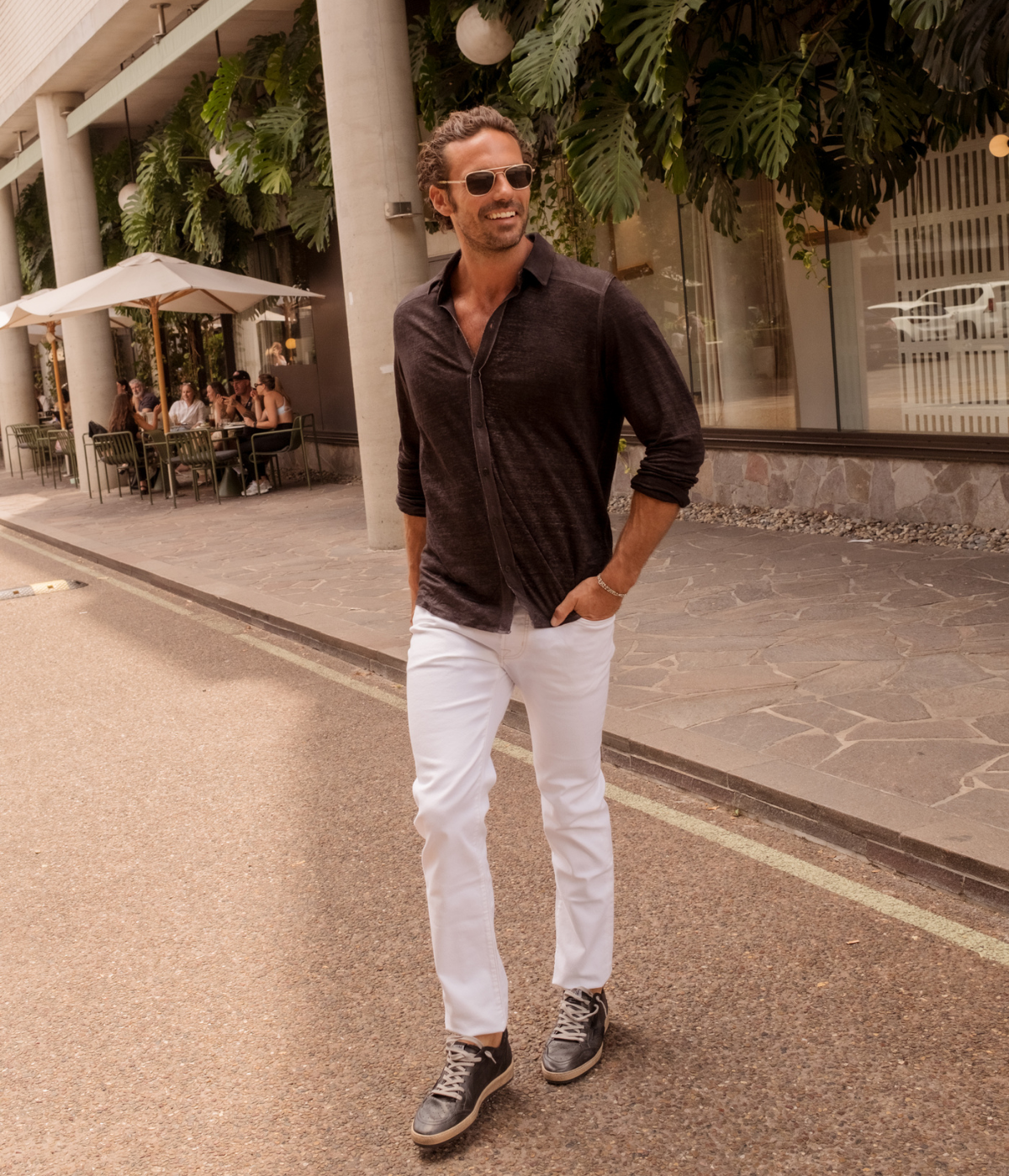 Hand Painted Linen Jersey Long Sleeve in Nero