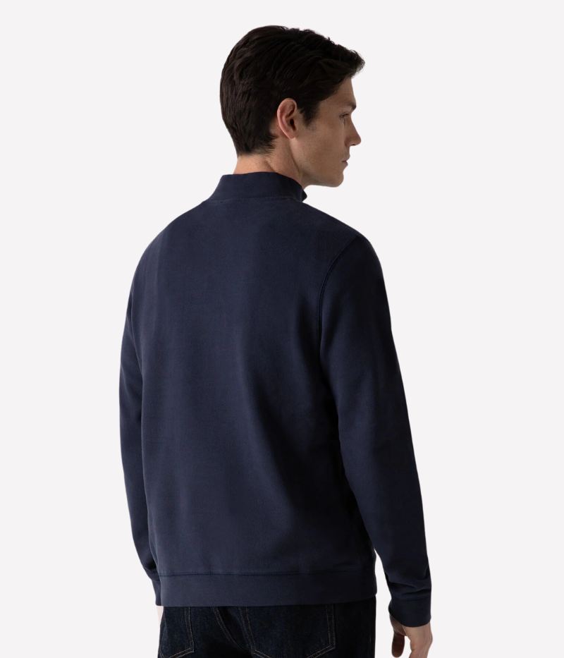 Navy Sunspel Loopback Half-Zip Sweatshirt with a relaxed fit, crafted from soft loopback fabric with insulating warmth and a sleek zip detail.