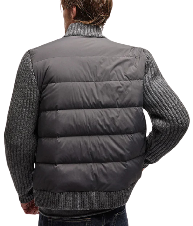 James Perse mixed media funnel neck jacket with quilted detailing, soft cashmere-wool blend sleeves and neck, crafted from Italian fabric