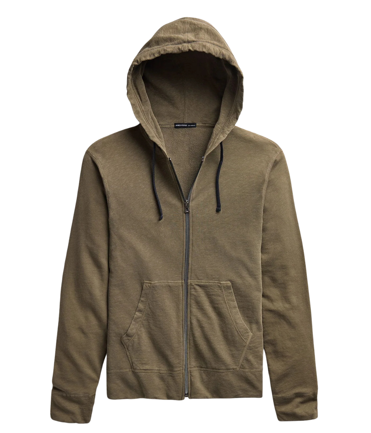 James Perse Vintage French Terry Zip Hoodie in Light Olive Pigment – flat lay product shot displaying zip-front design, drawcord hood, and lightweight cotton French terry fabric.