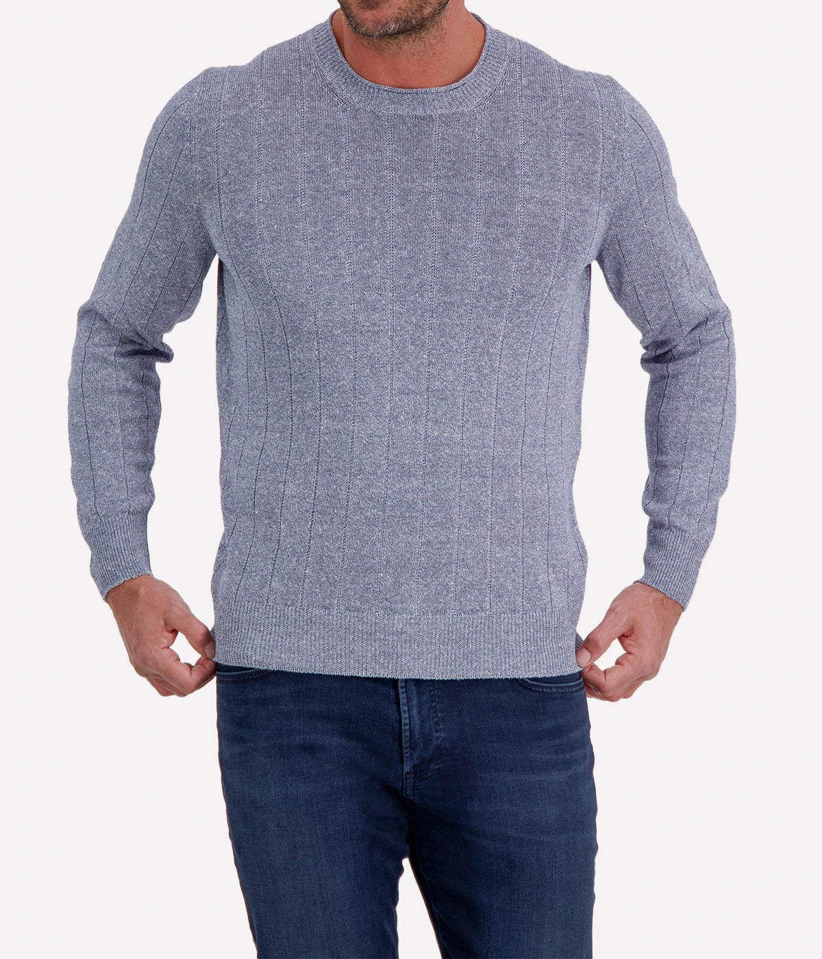 Gran Sasso Crew Long Sleeve in Denim Blue – Front View Textured Knit Crew Neck