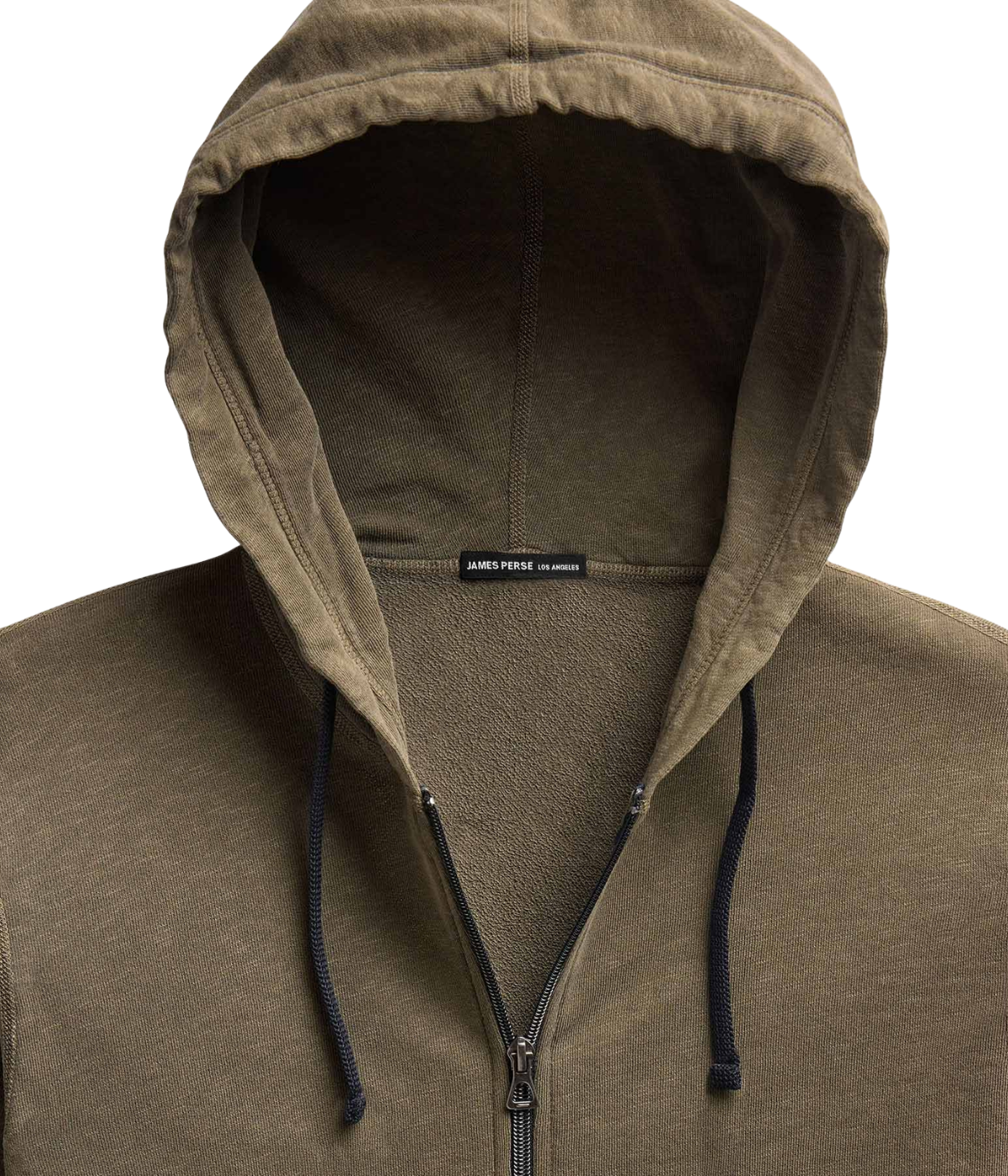 James Perse Vintage French Terry Zip Hoodie in Light Olive Pigment – close-up of drawcord hood highlighting relaxed styling and lightweight construction.
