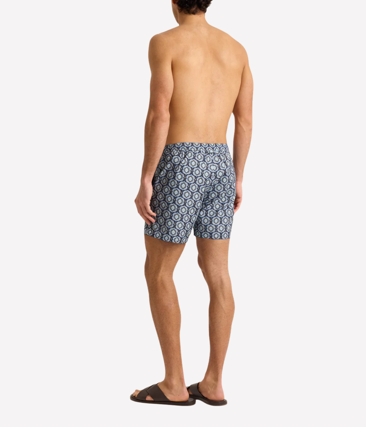 Orlebar Brown Bulldog Drawcord Boardshort in Night Iris featuring an exclusive print, adjustable rope-effect drawcord and signature mid-length fit - Full Length Back Shot