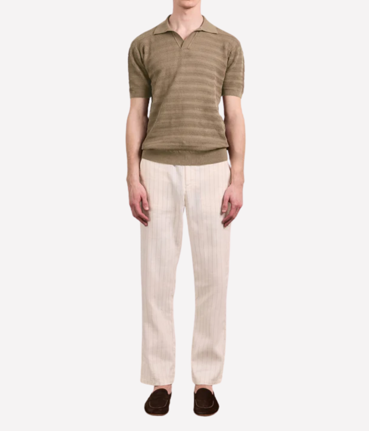 Frescobol Carioca Rino Cotton Jacquard Wave Short Sleeve Knit Polo in Light Brown – Front View on Model Jacquard Knit Polo